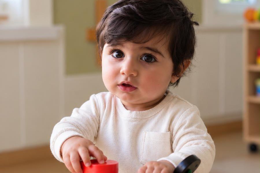 A baby playing with colourful wooden toys at an activity bar in the Baby Room