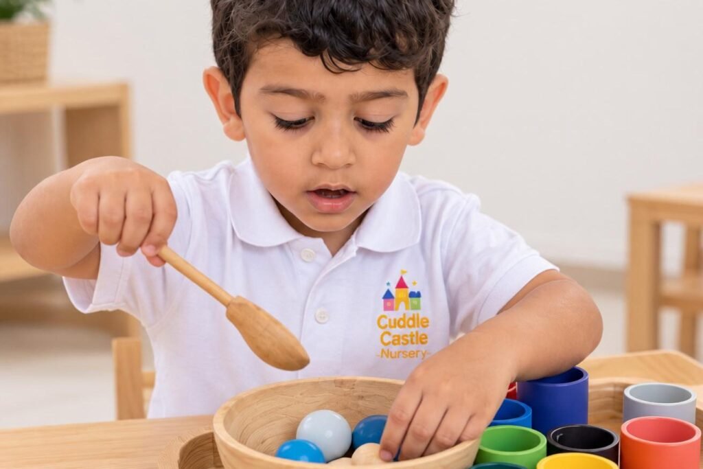 A preschool boy using a wooden spoon to sort coloured balls into cups in a Montessori activity