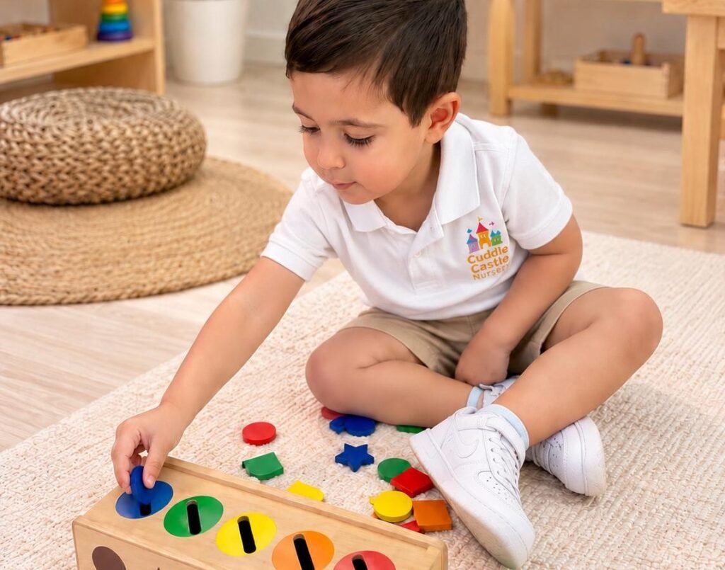 A boy fitting coloured shapes into a wooden Montessori sorting box