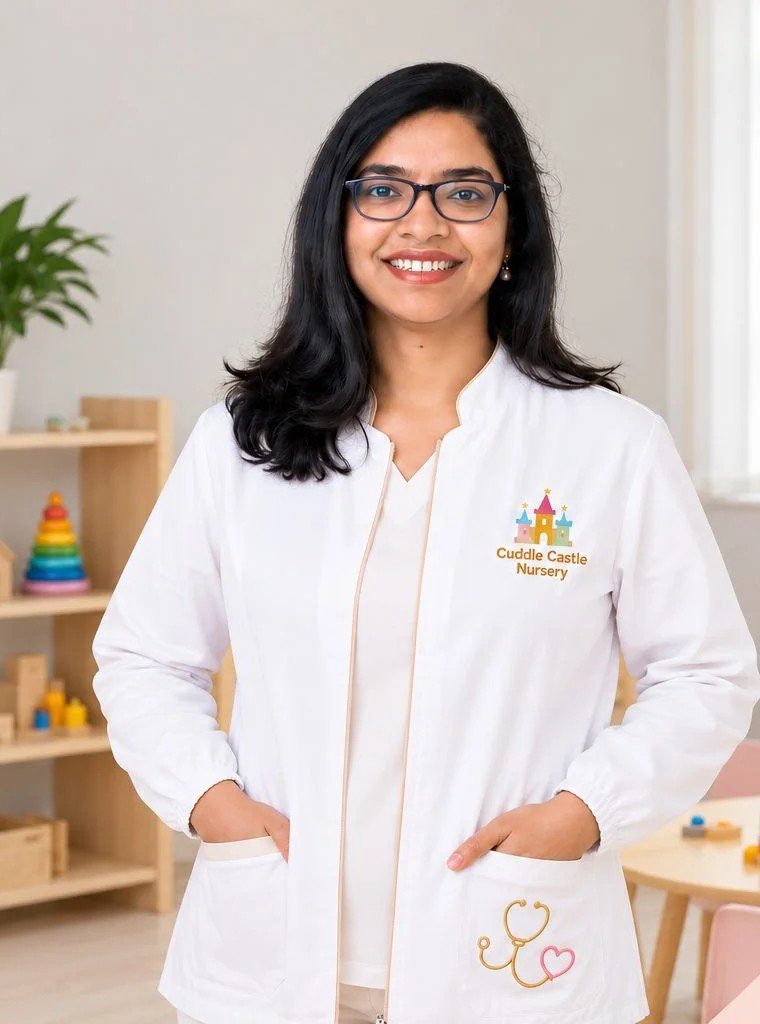 Cuddle Castle Nursery's licensed nursery nurse in a white uniform, smiling in a classroom