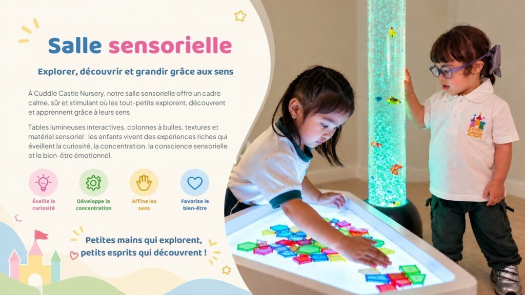 Salle sensorielle avec table lumineuse et colonne à bulles