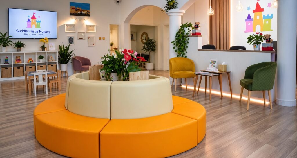 Lounge with a round orange sofa and the castle logo on the wall