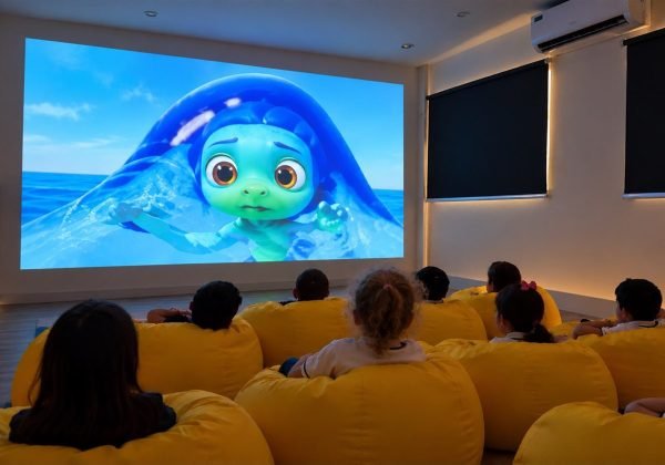 Children relaxing on yellow beanbags watching a film in the Cinema Room